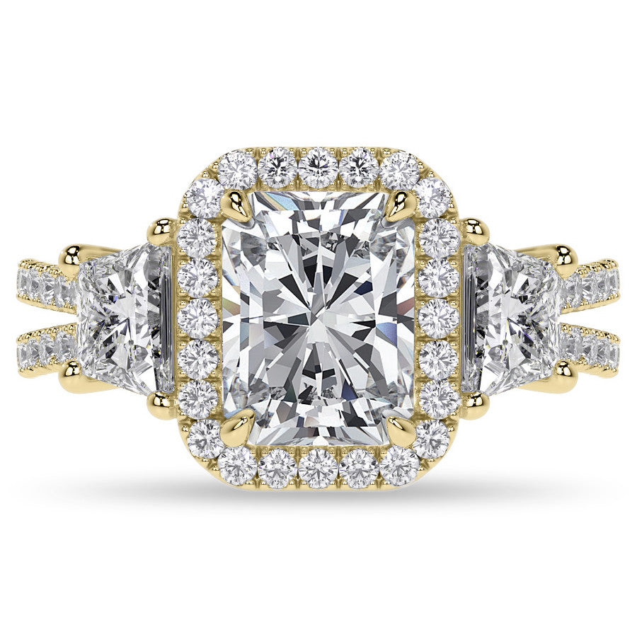 Emerald/Trapezoid 3-Stone Halo Moissanite Split Shank Engagement
