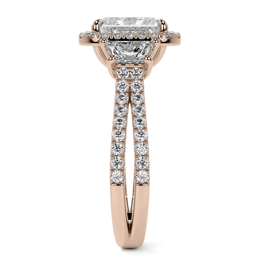 Emerald/Trapezoid 3-Stone Halo Moissanite Split Shank Engagement