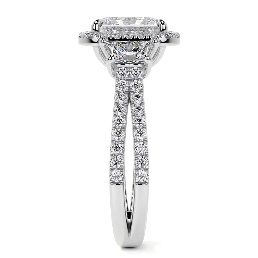 Emerald/Trapezoid 3-Stone Halo Moissanite Split Shank Engagement