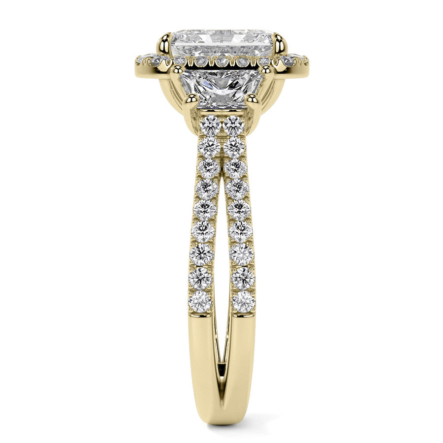 Emerald/Trapezoid 3-Stone Halo Moissanite Split Shank Engagement
