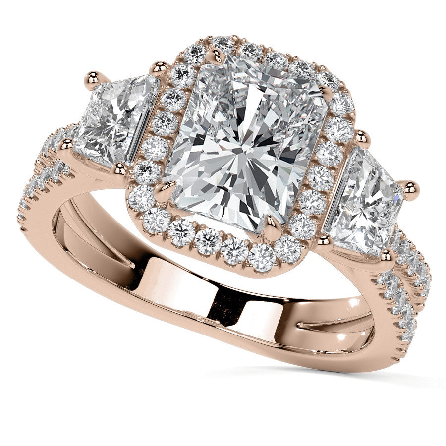 Emerald/Trapezoid 3-Stone Halo Moissanite Split Shank Engagement