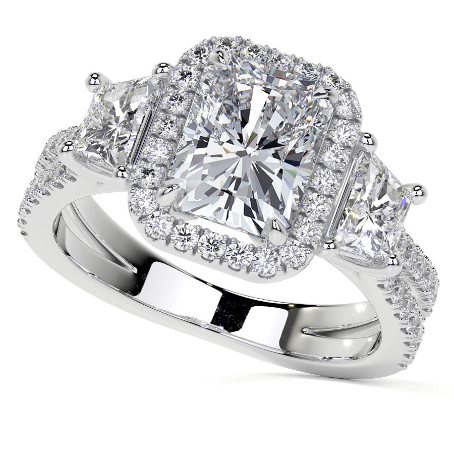 Emerald/Trapezoid 3-Stone Halo Moissanite Split Shank Engagement