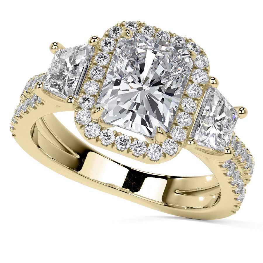 Emerald/Trapezoid 3-Stone Halo Moissanite Split Shank Engagement