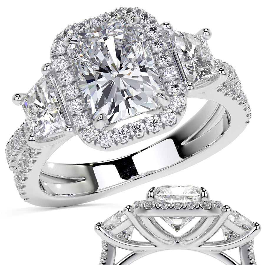 Emerald/Trapezoid 3-Stone Halo Moissanite Split Shank Engagement
