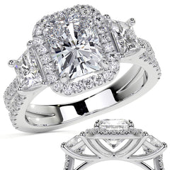 Emerald/Trapezoid 3-Stone Halo Moissanite Split Shank Engagement