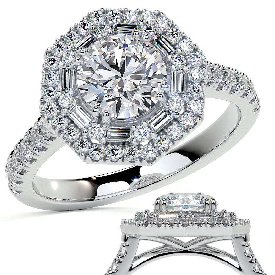 Round Octagon Halo Moissanite Cathedral Engagement Ring