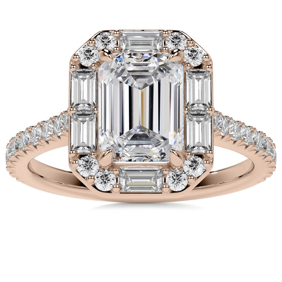 Emerald / Radiant Halo Moissanite Cathedral Engagement Ring