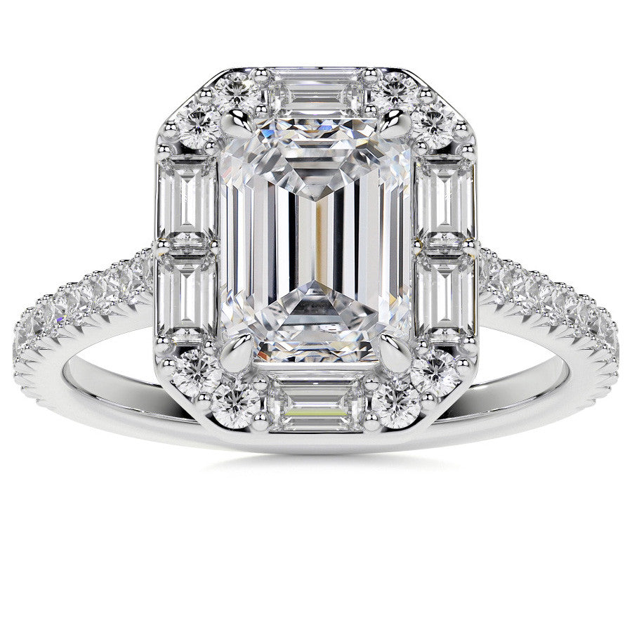 Emerald / Radiant Halo Moissanite Cathedral Engagement Ring