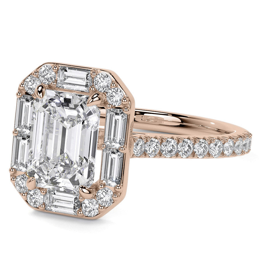 Emerald / Radiant Halo Moissanite Cathedral Engagement Ring