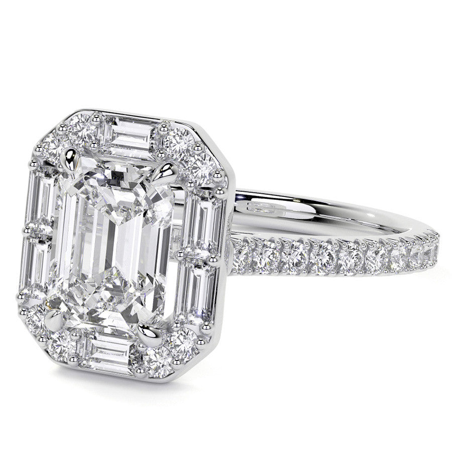 Emerald / Radiant Halo Moissanite Cathedral Engagement Ring