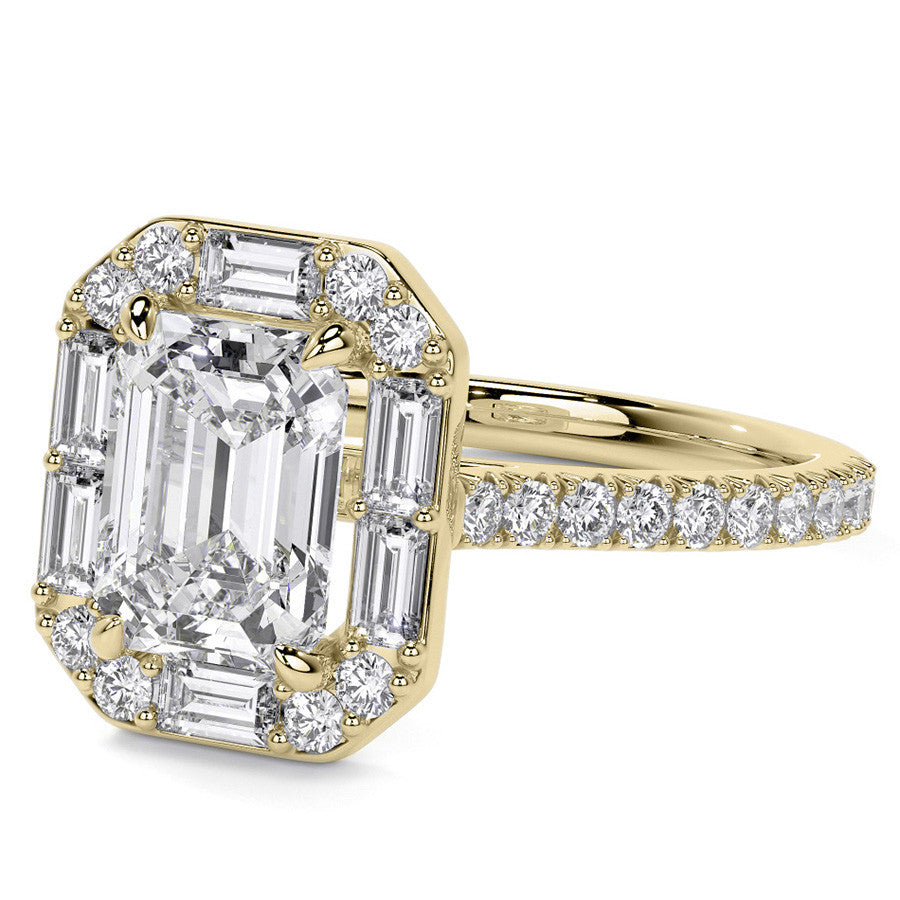 Emerald / Radiant Halo Moissanite Cathedral Engagement Ring