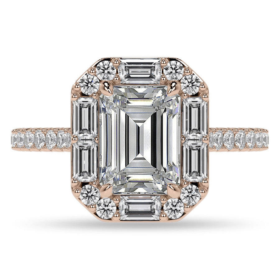 Emerald / Radiant Halo Moissanite Cathedral Engagement Ring