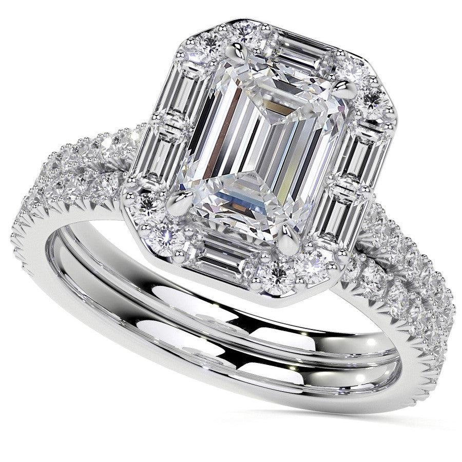 Emerald / Radiant Halo Moissanite Cathedral Engagement Ring
