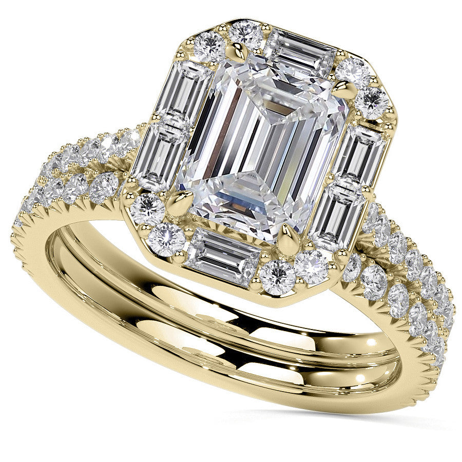 Emerald / Radiant Halo Moissanite Cathedral Engagement Ring