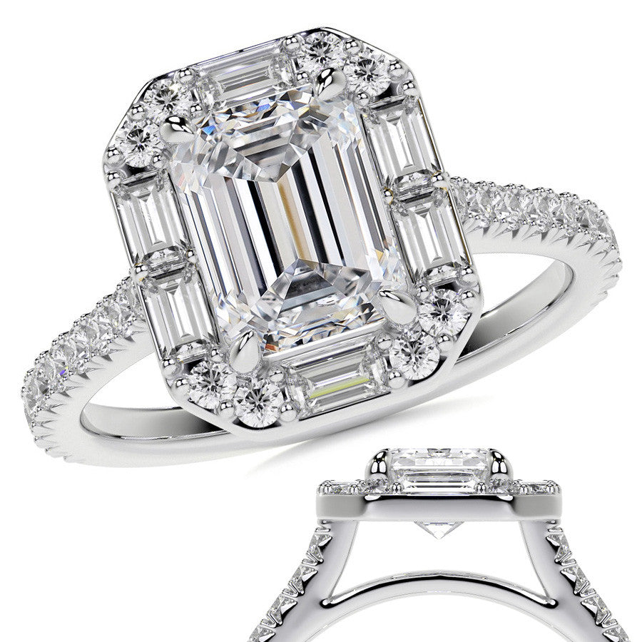 Emerald / Radiant Halo Moissanite Cathedral Engagement Ring