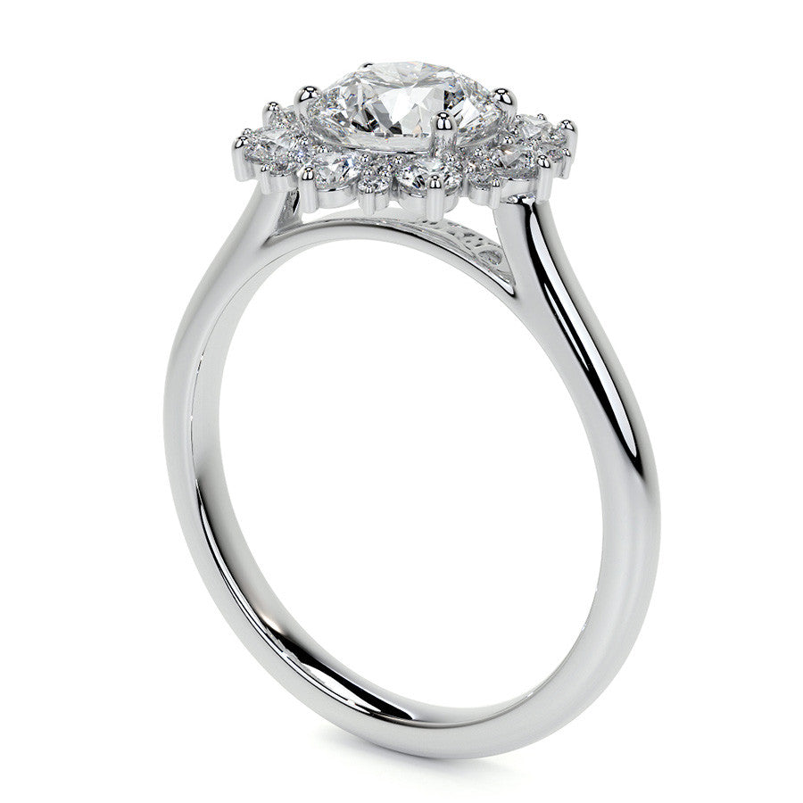 Round Snowflake Inspired Moissanite Halo Engagement Ring