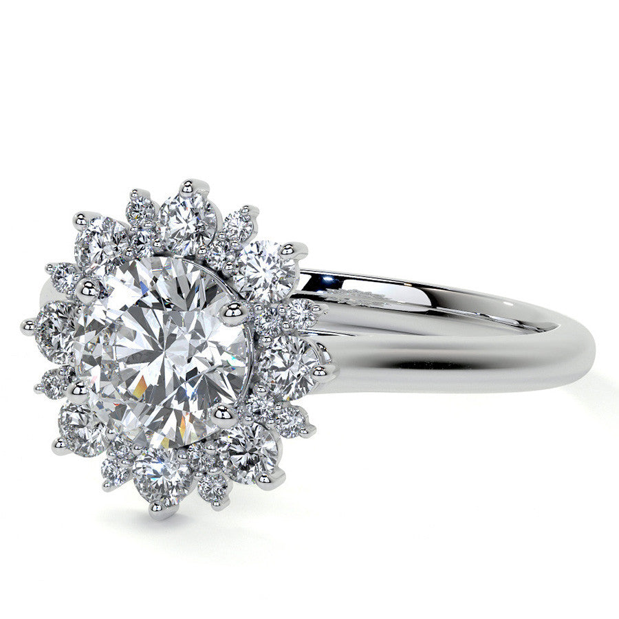 Round Snowflake Inspired Moissanite Halo Engagement Ring