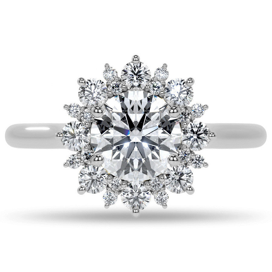 Round Snowflake Inspired Moissanite Halo Engagement Ring