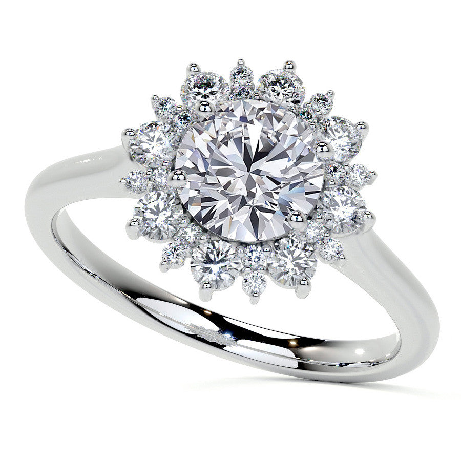 Round Snowflake Inspired Moissanite Halo Engagement Ring