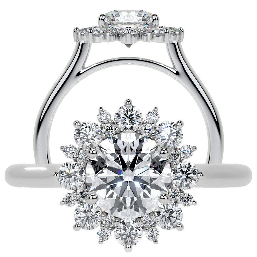 Round Snowflake Inspired Moissanite Halo Engagement Ring