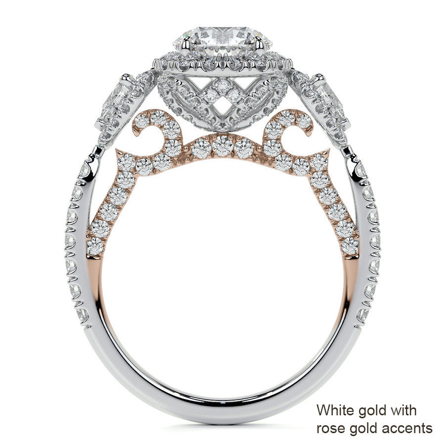 Round and Pear 3-Stone Ornate Pave Basket Moissanite Engagement