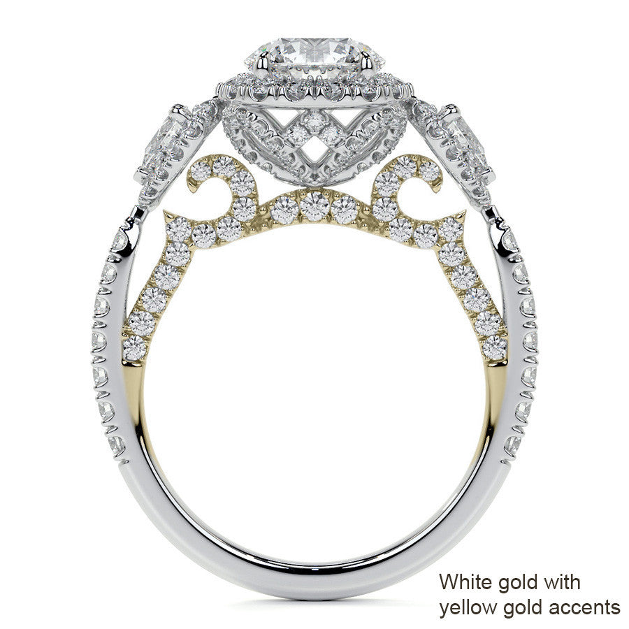 Round and Pear 3-Stone Ornate Pave Basket Moissanite Engagement