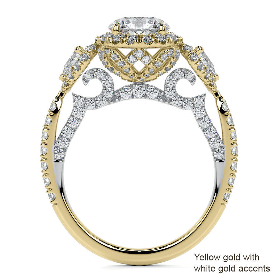 Round and Pear 3-Stone Ornate Pave Basket Moissanite Engagement