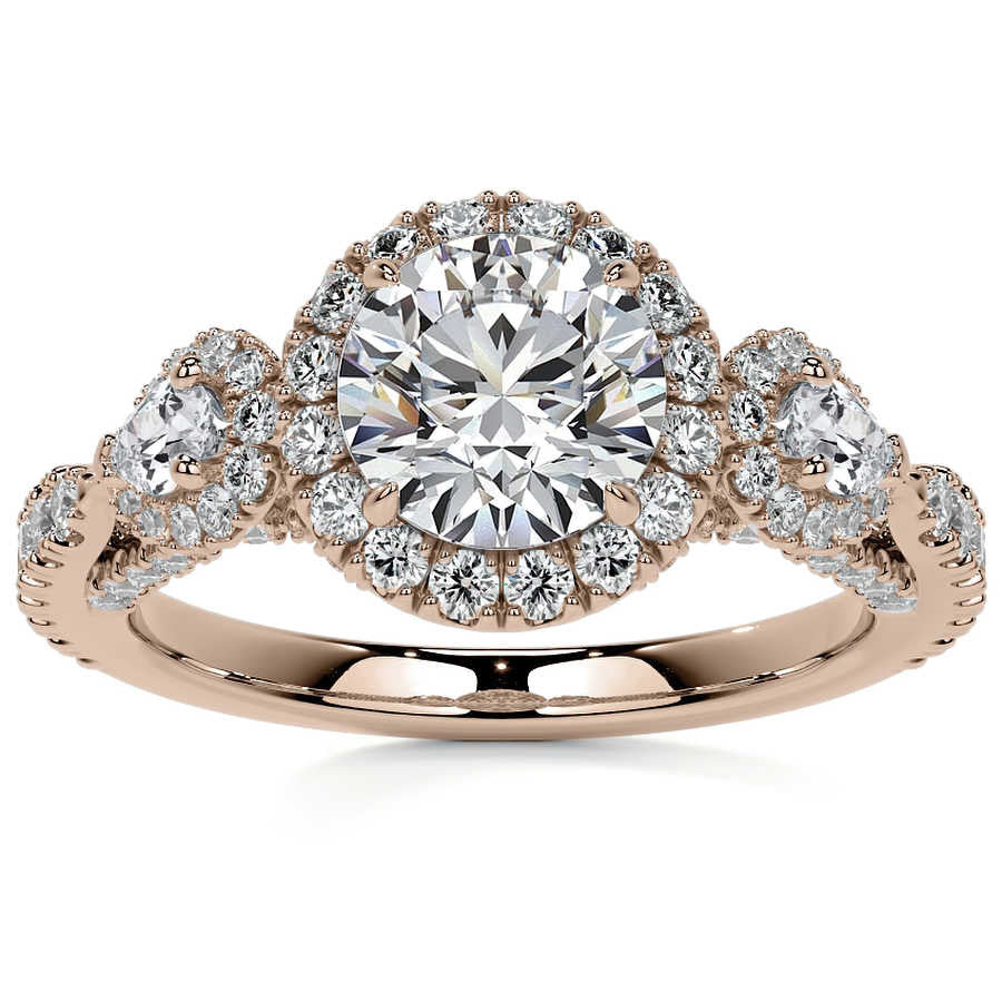 Round and Pear 3-Stone Ornate Pave Basket Moissanite Engagement
