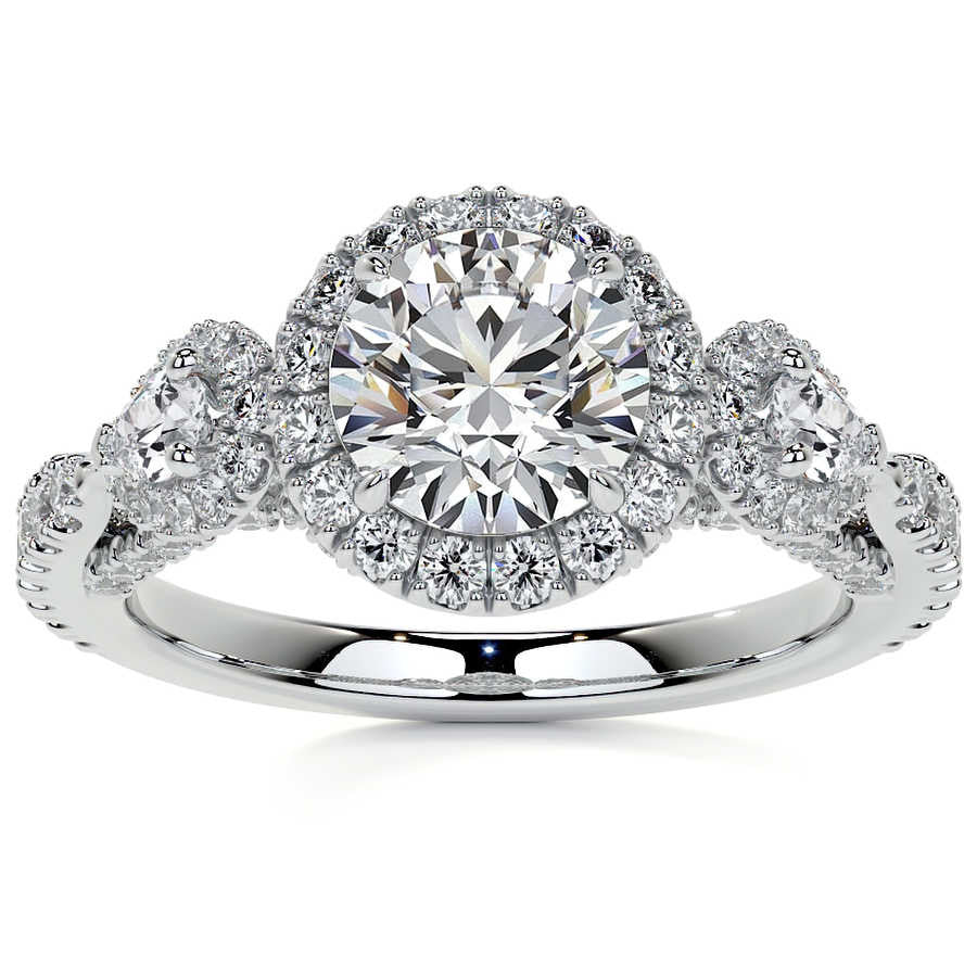 Round and Pear 3-Stone Ornate Pave Basket Moissanite Engagement