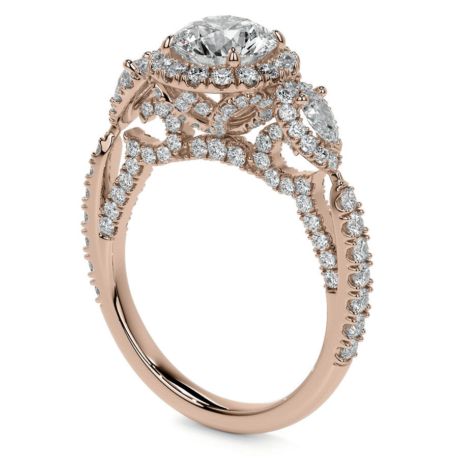 Round and Pear 3-Stone Ornate Pave Basket Moissanite Engagement