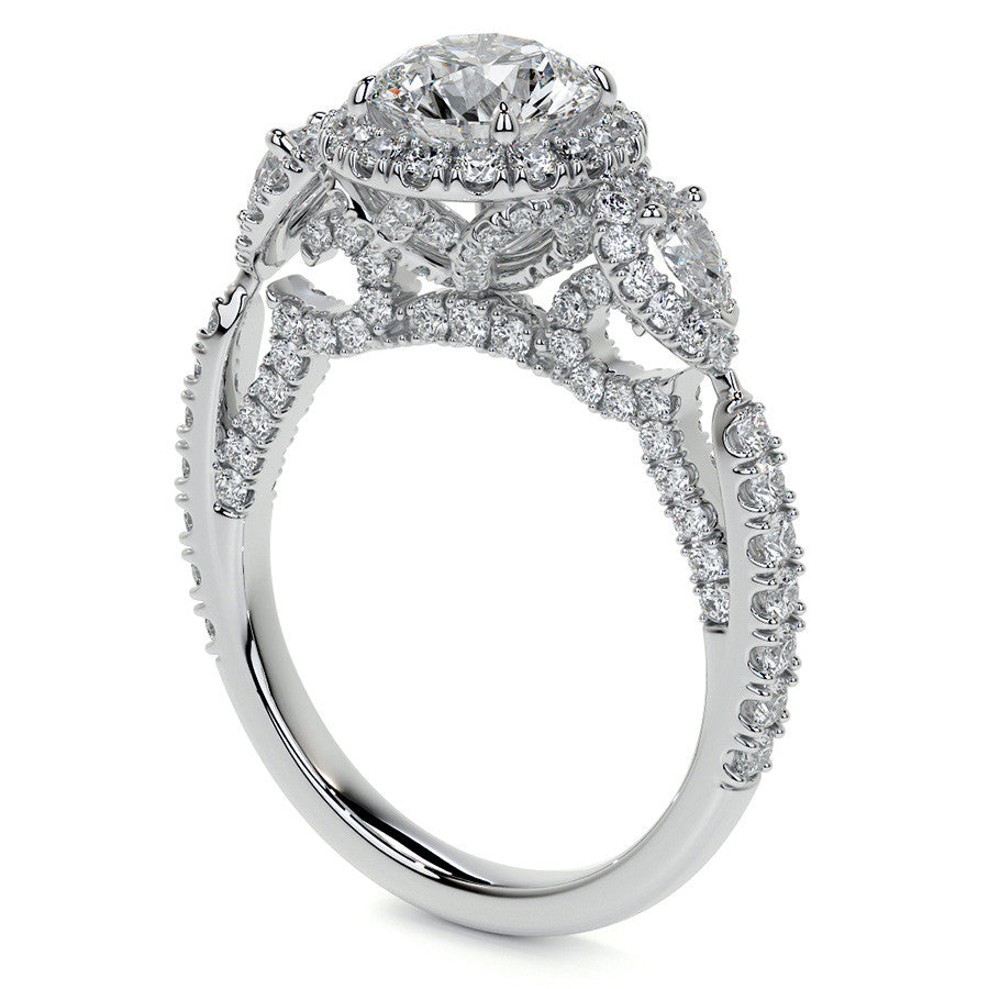 Round and Pear 3-Stone Ornate Pave Basket Moissanite Engagement