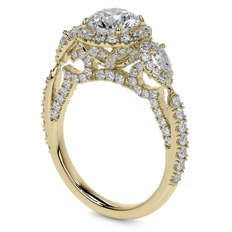 Round and Pear 3-Stone Ornate Pave Basket Moissanite Engagement
