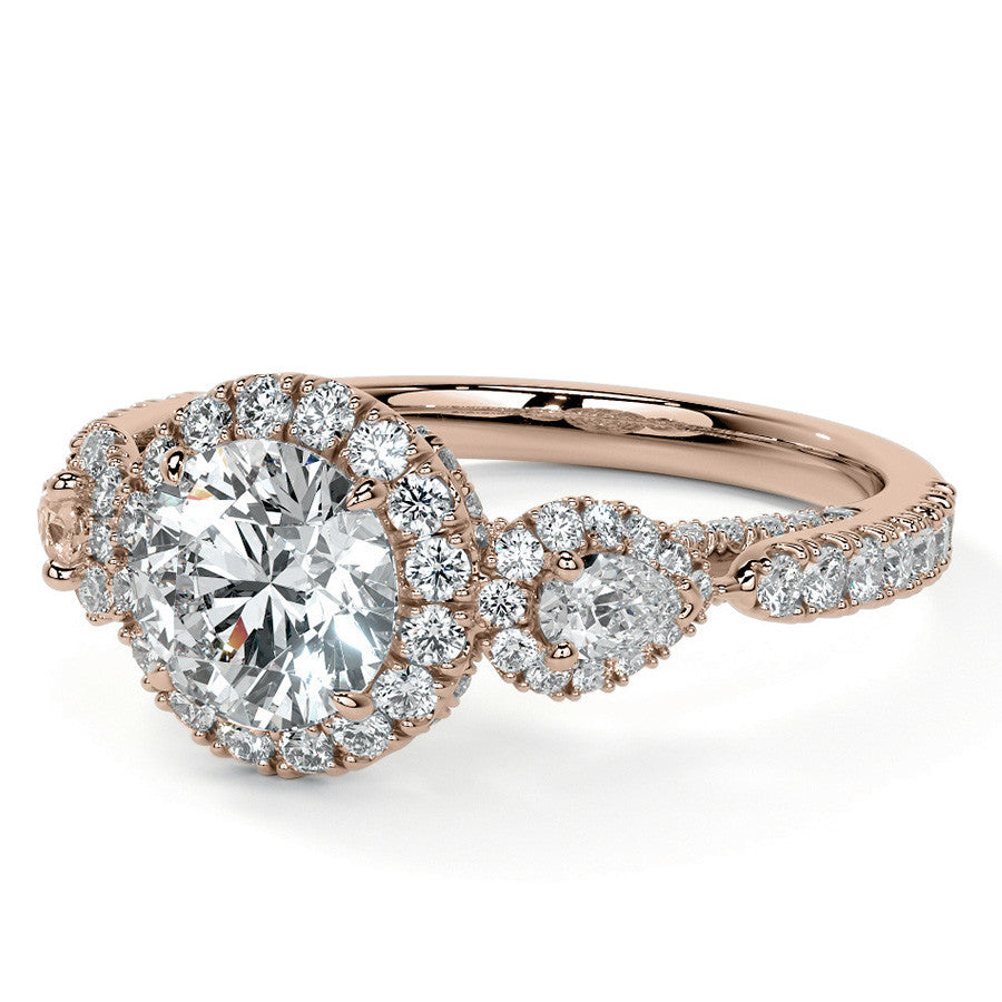 Round and Pear 3-Stone Ornate Pave Basket Moissanite Engagement