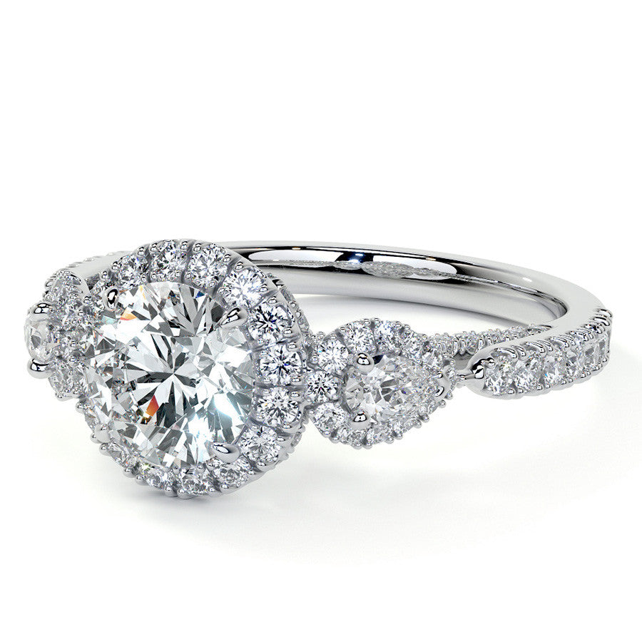 Round and Pear 3-Stone Ornate Pave Basket Moissanite Engagement