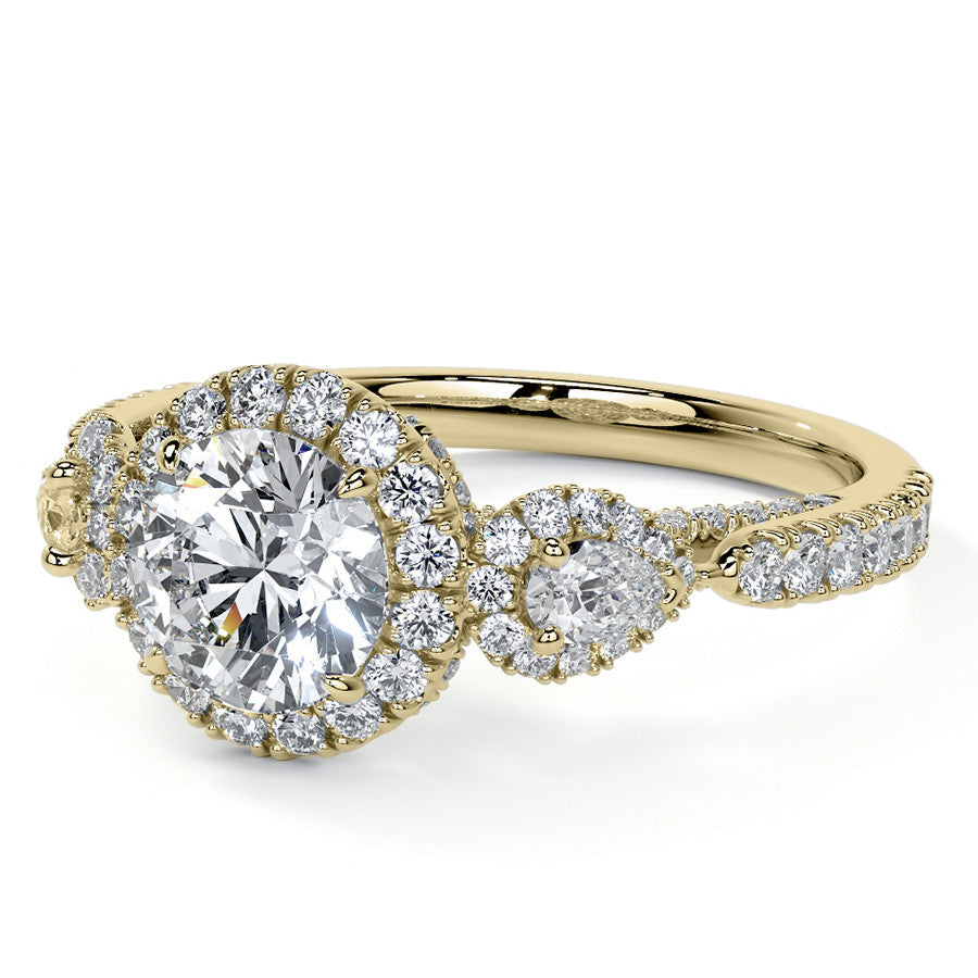 Round and Pear 3-Stone Ornate Pave Basket Moissanite Engagement