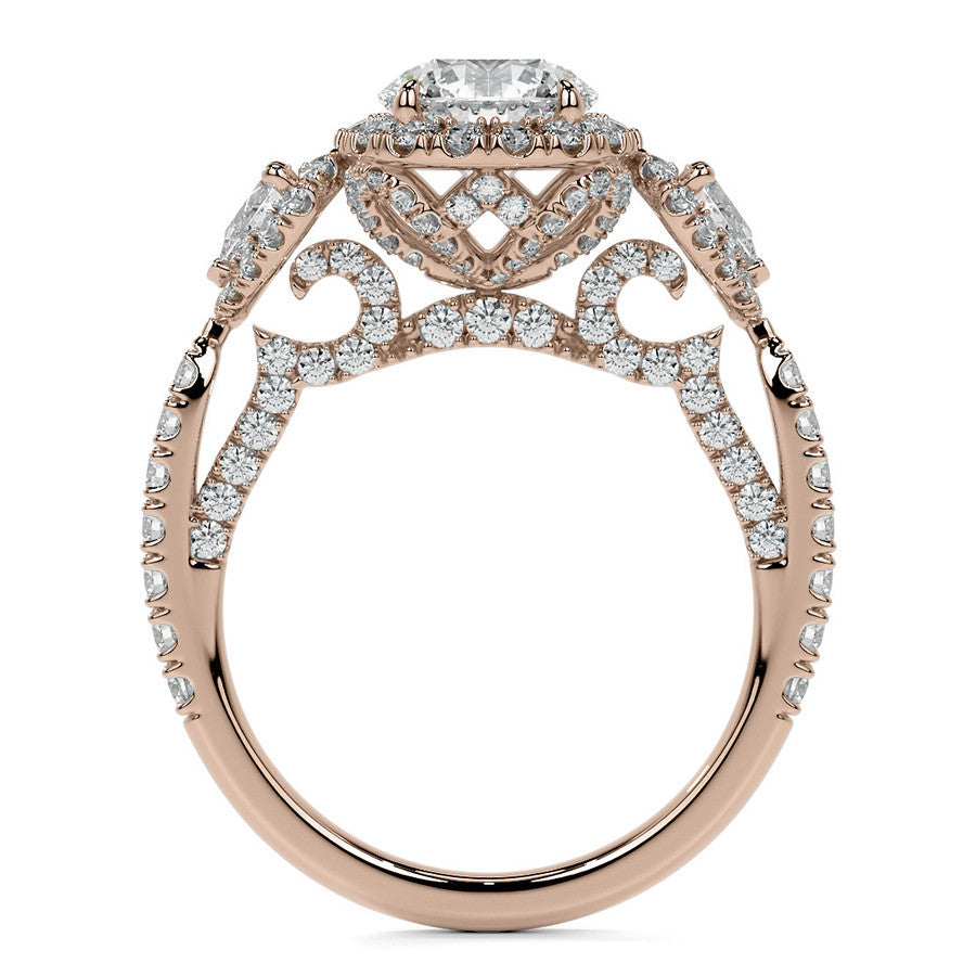 Round and Pear 3-Stone Ornate Pave Basket Moissanite Engagement