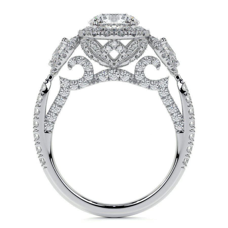 Round and Pear 3-Stone Ornate Pave Basket Moissanite Engagement