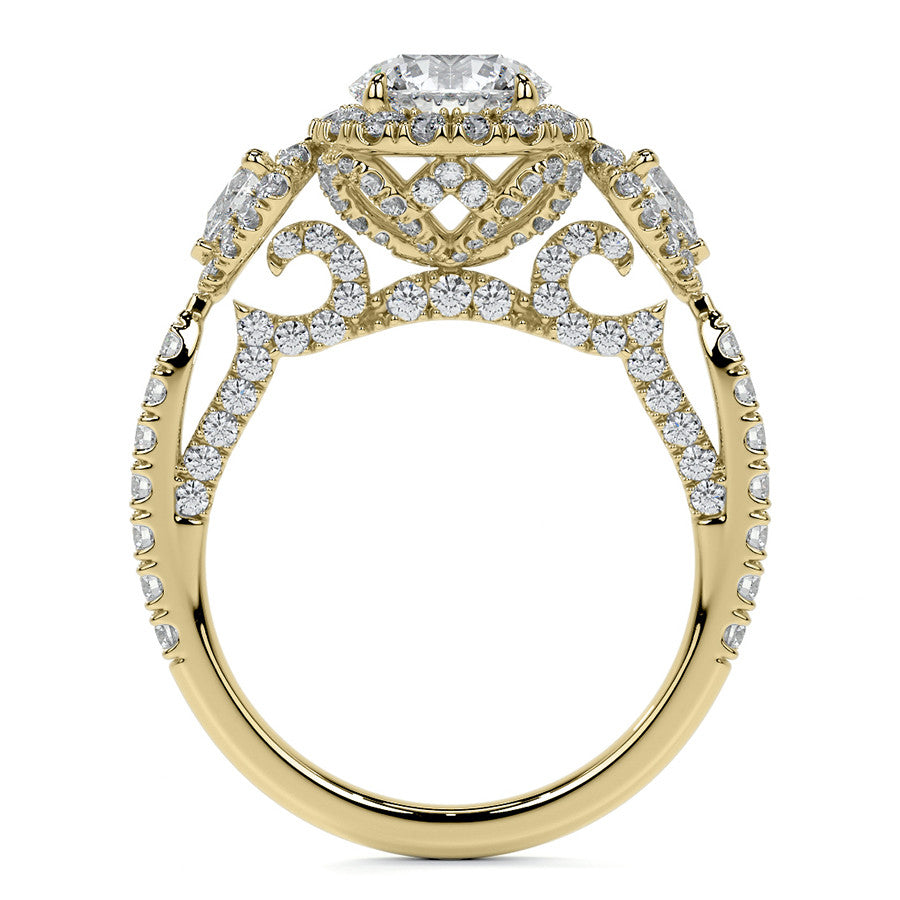 Round and Pear 3-Stone Ornate Pave Basket Moissanite Engagement