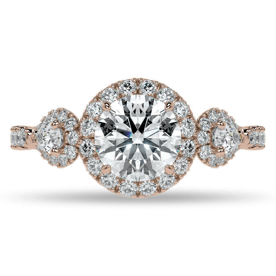 Round and Pear 3-Stone Ornate Pave Basket Moissanite Engagement