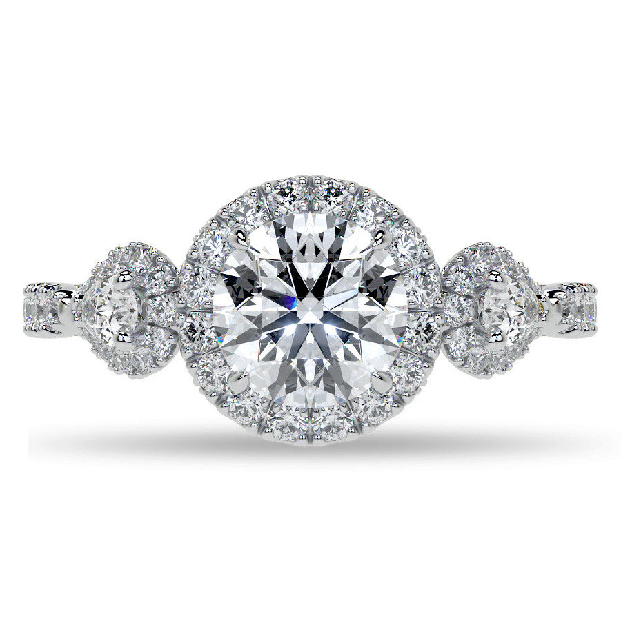 Round and Pear 3-Stone Ornate Pave Basket Moissanite Engagement