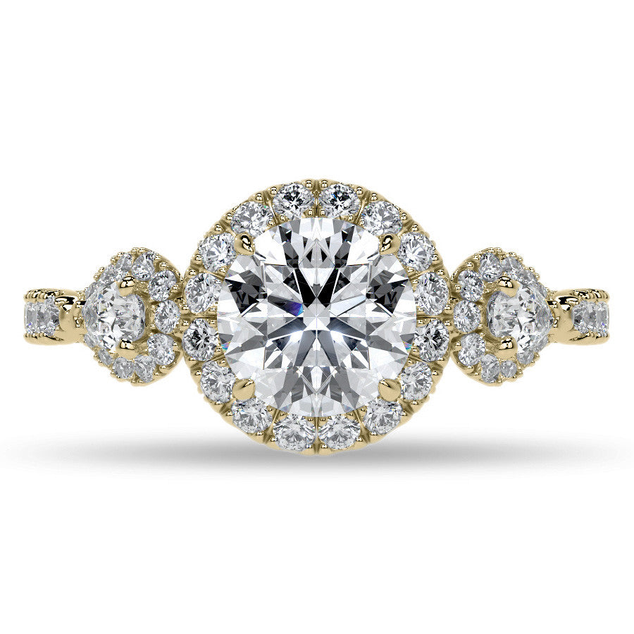 Round and Pear 3-Stone Ornate Pave Basket Moissanite Engagement