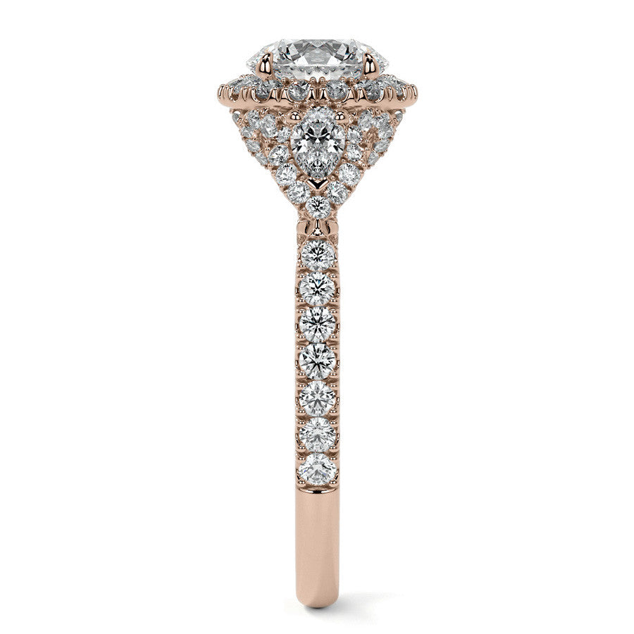 Round and Pear 3-Stone Ornate Pave Basket Moissanite Engagement
