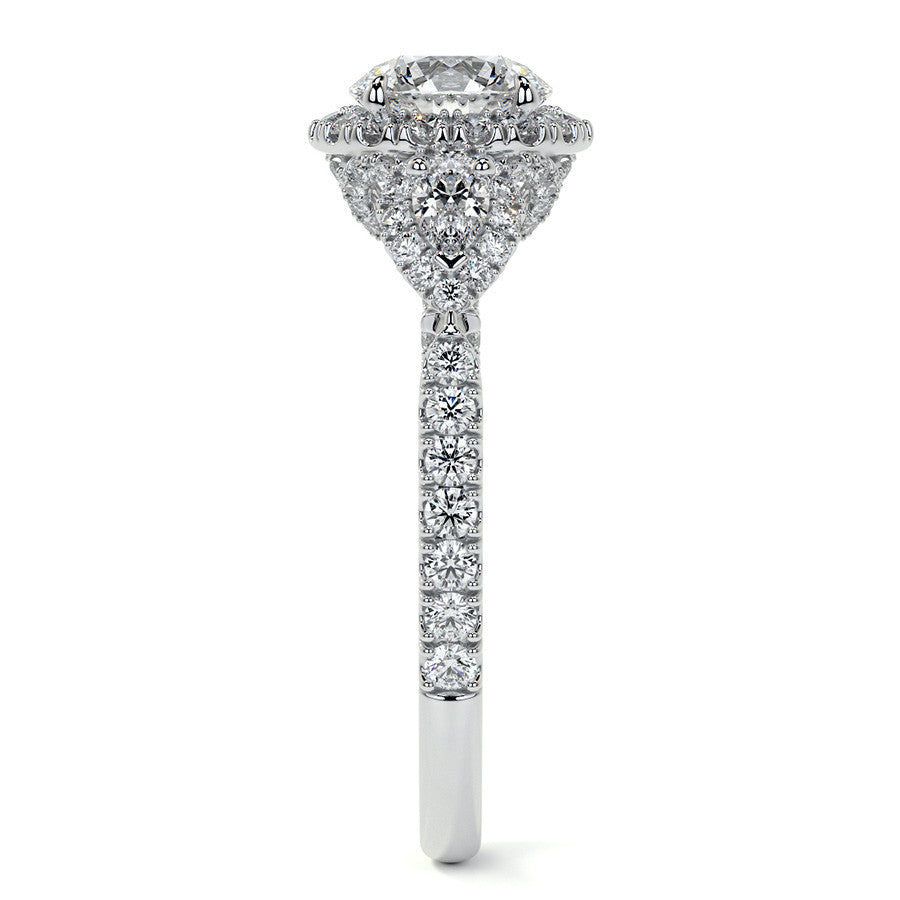 Round and Pear 3-Stone Ornate Pave Basket Moissanite Engagement