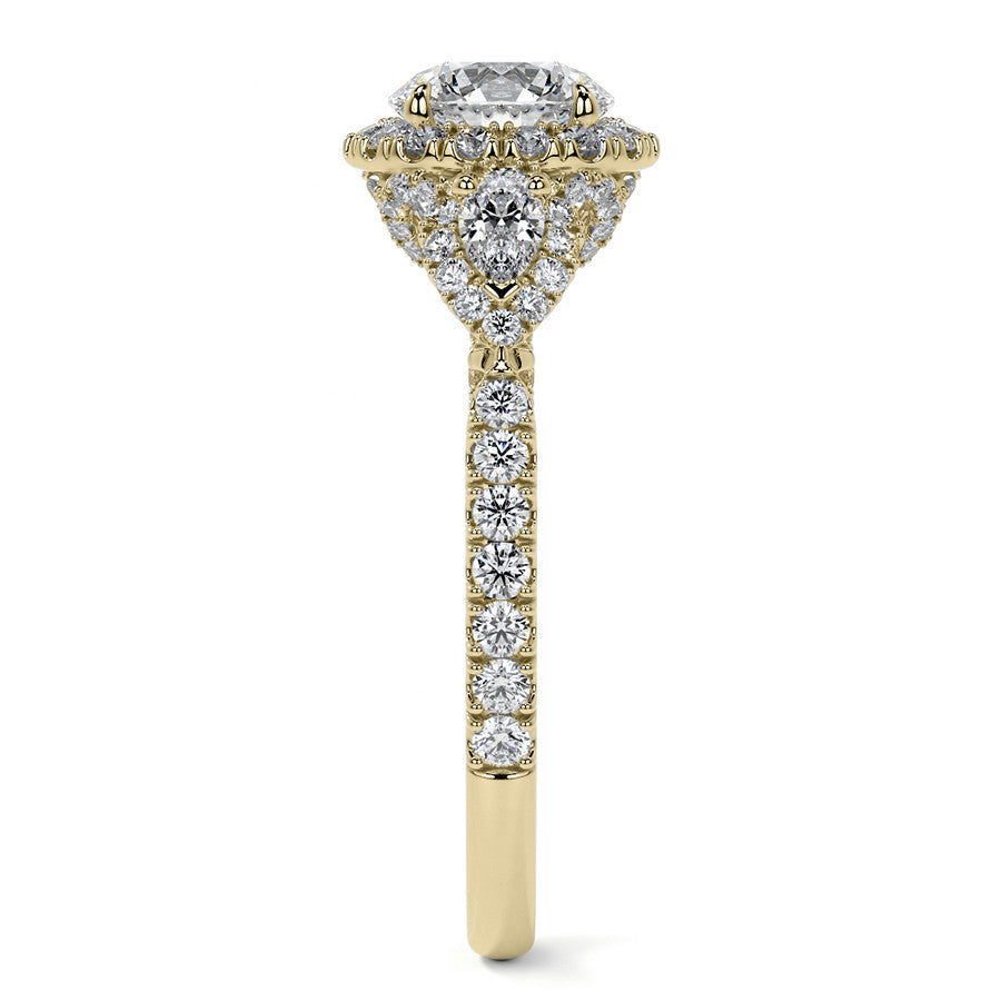 Round and Pear 3-Stone Ornate Pave Basket Moissanite Engagement