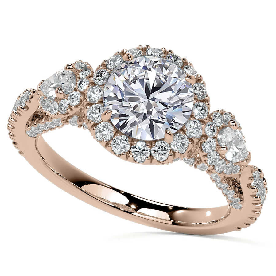 Round and Pear 3-Stone Ornate Pave Basket Moissanite Engagement