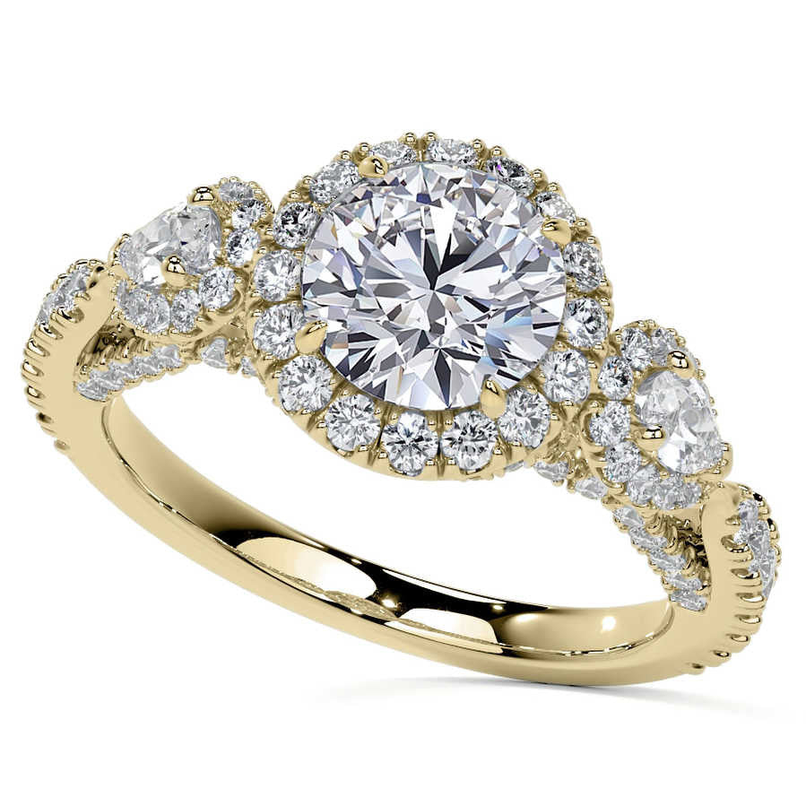 Round and Pear 3-Stone Ornate Pave Basket Moissanite Engagement