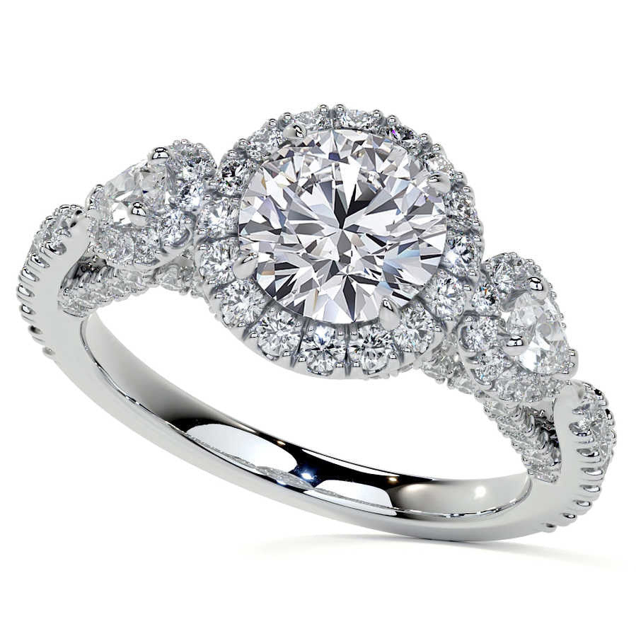 Round and Pear 3-Stone Ornate Pave Basket Moissanite Engagement
