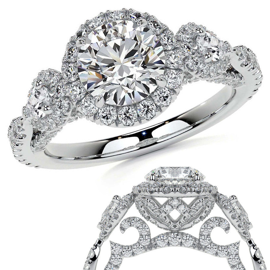 Round and Pear 3-Stone Ornate Pave Basket Moissanite Engagement