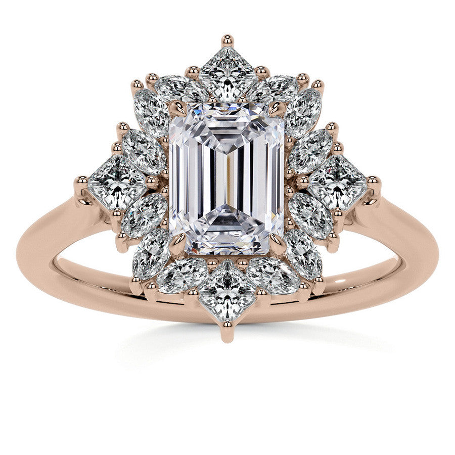 Geometric Halo Emerald / Radiant Moissanite Cathedral Engagement Ring