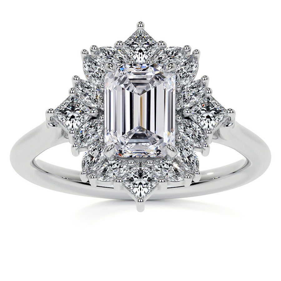 Geometric Halo Emerald / Radiant Moissanite Cathedral Engagement Ring